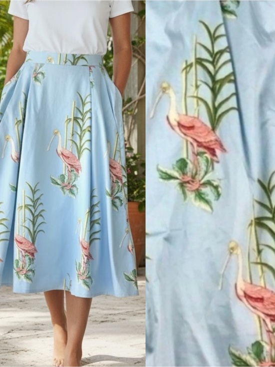 Ann Taylor Factory Dresses & Skirts - Ann Taylor Flared Skirt Blue Pink Tropical Bird Print Lined Pocket